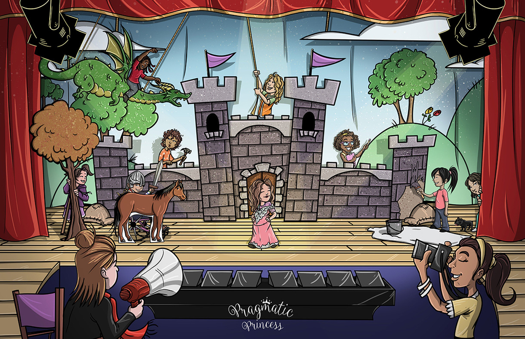 Illustration of various Pragmatic Princess characters producing a stage production in their school's theater